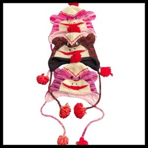 Family of 3 Wool Monkey Earflap Pom Pom Beenie Toque Hats (made in Nepal)
